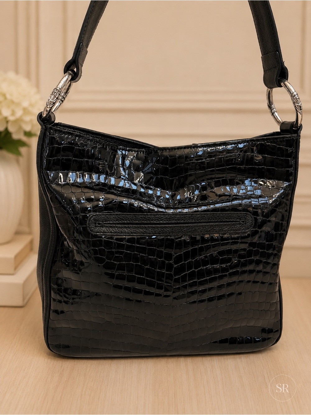 Brighton Cher Black Patent Croc Embossed Leather Hobo Shoulder Bag Heart Charm - Picture 6 of 14